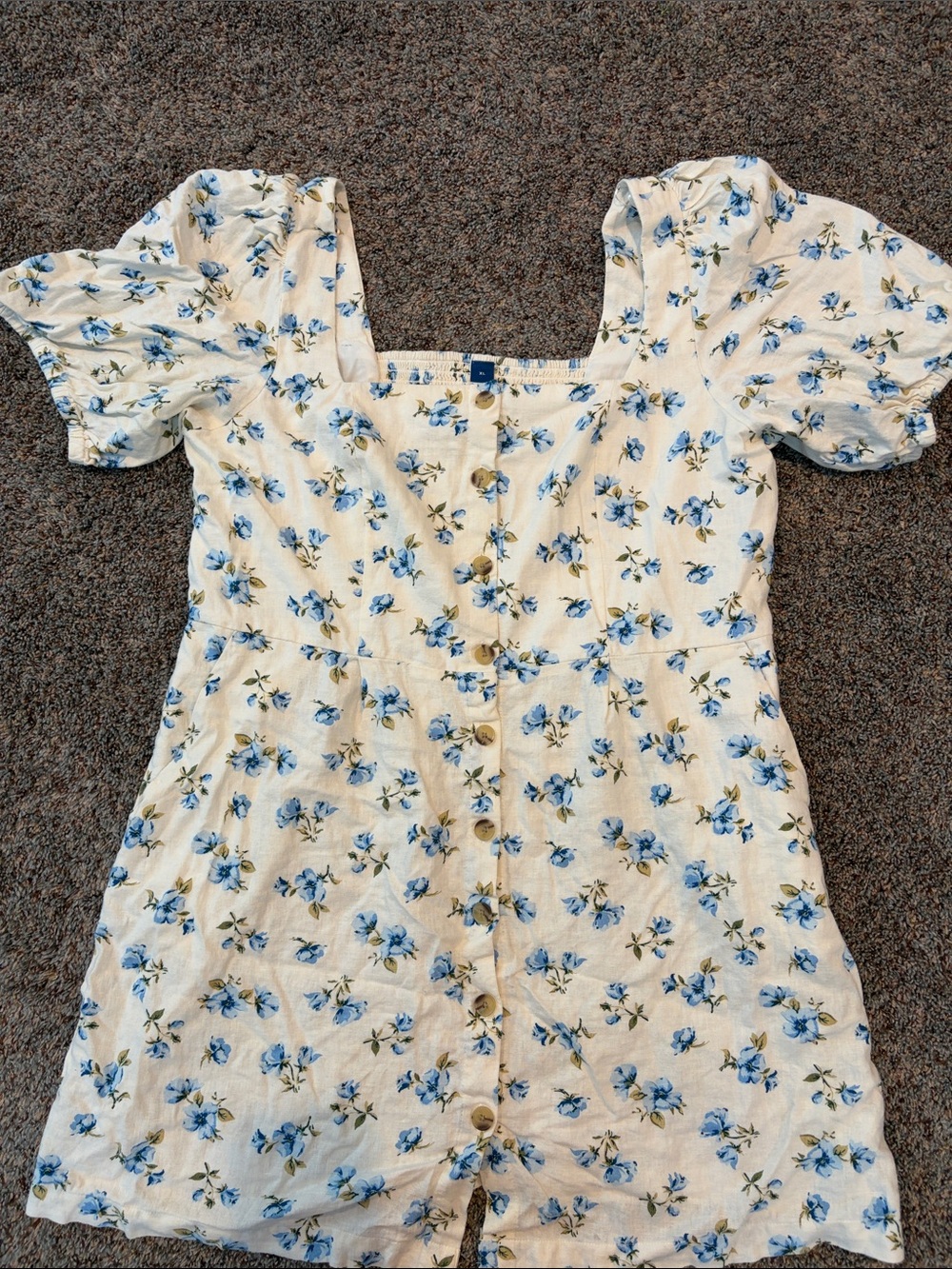 Women's Blue Floral Button-Front Puff Sleeve Dress - Linen NWT